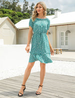 YESFASHION Women's Floral Print Puff Sleeve Ruffle Dress Green