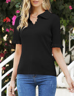YESFASHION Womens Short Sleeve Polo Sweaters Ruffle Knit Tops