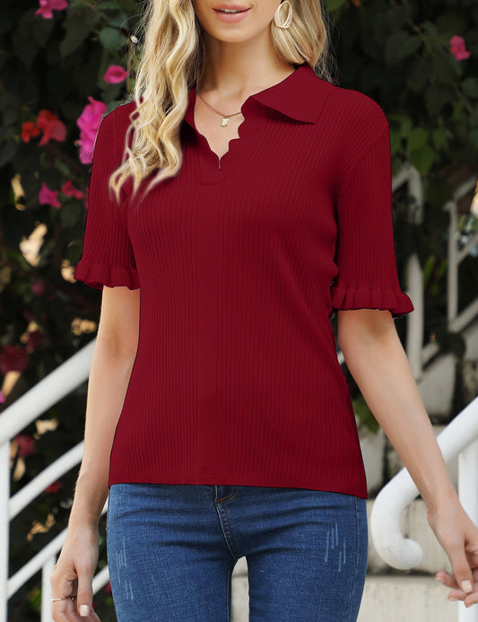 YESFASHION Womens Short Sleeve Polo Sweaters Ruffle Knit Tops Wine Red