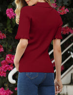 YESFASHION Womens Short Sleeve Polo Sweaters Ruffle Knit Tops Wine Red