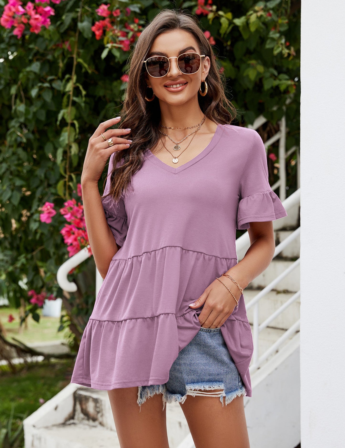 YESFASHION Peplum Tops for Women Summer Casual V Neck T Shirts Pink