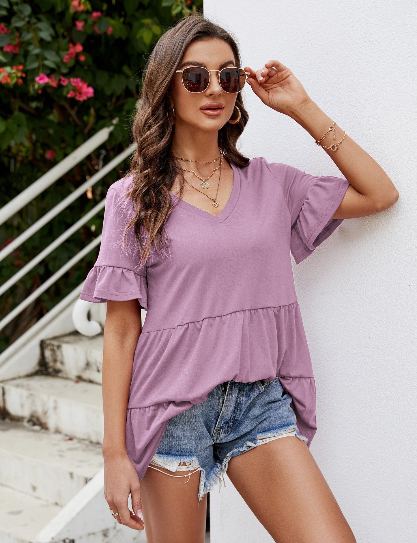 YESFASHION Peplum Tops for Women Summer Casual V Neck T Shirts Purple