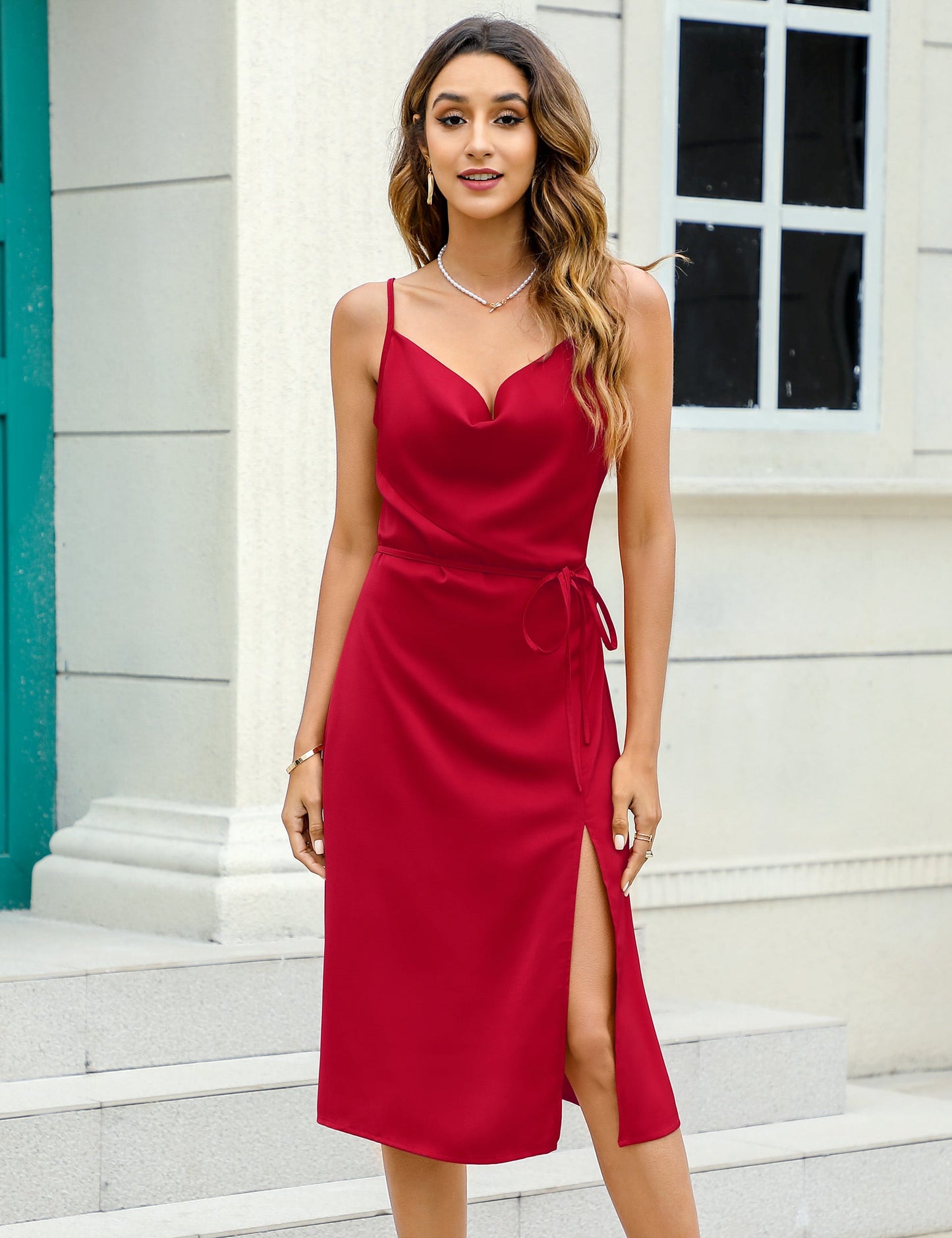 YESFASHION Women's Shiny Silk Satin Spaghetti Strap Dress Wine Red
