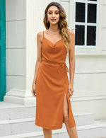 YESFASHION Women's Shiny Silk Satin Spaghetti Strap Dress Yellow