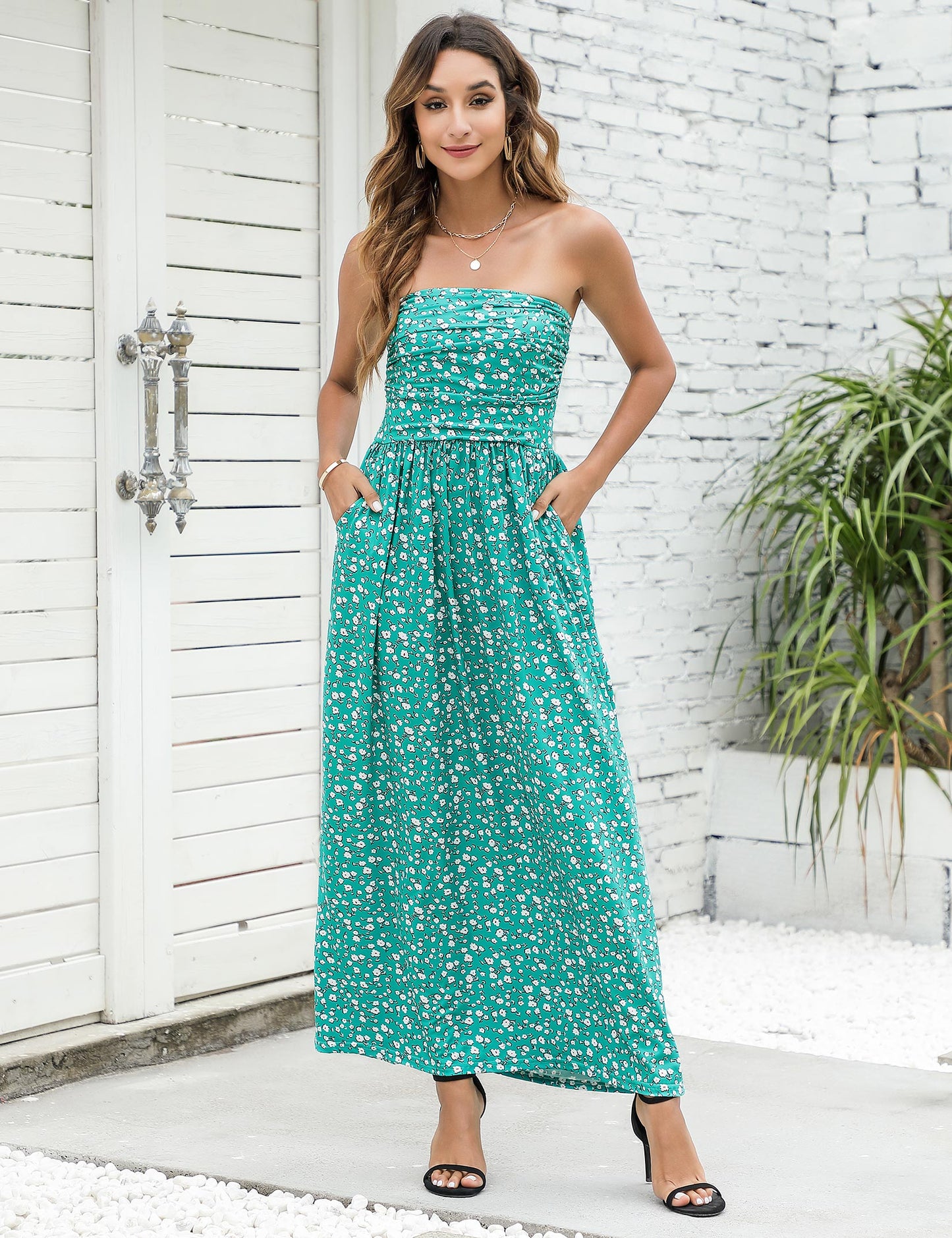 YESFASHION Women's Strapless Graceful Floral Maxi Long Dress