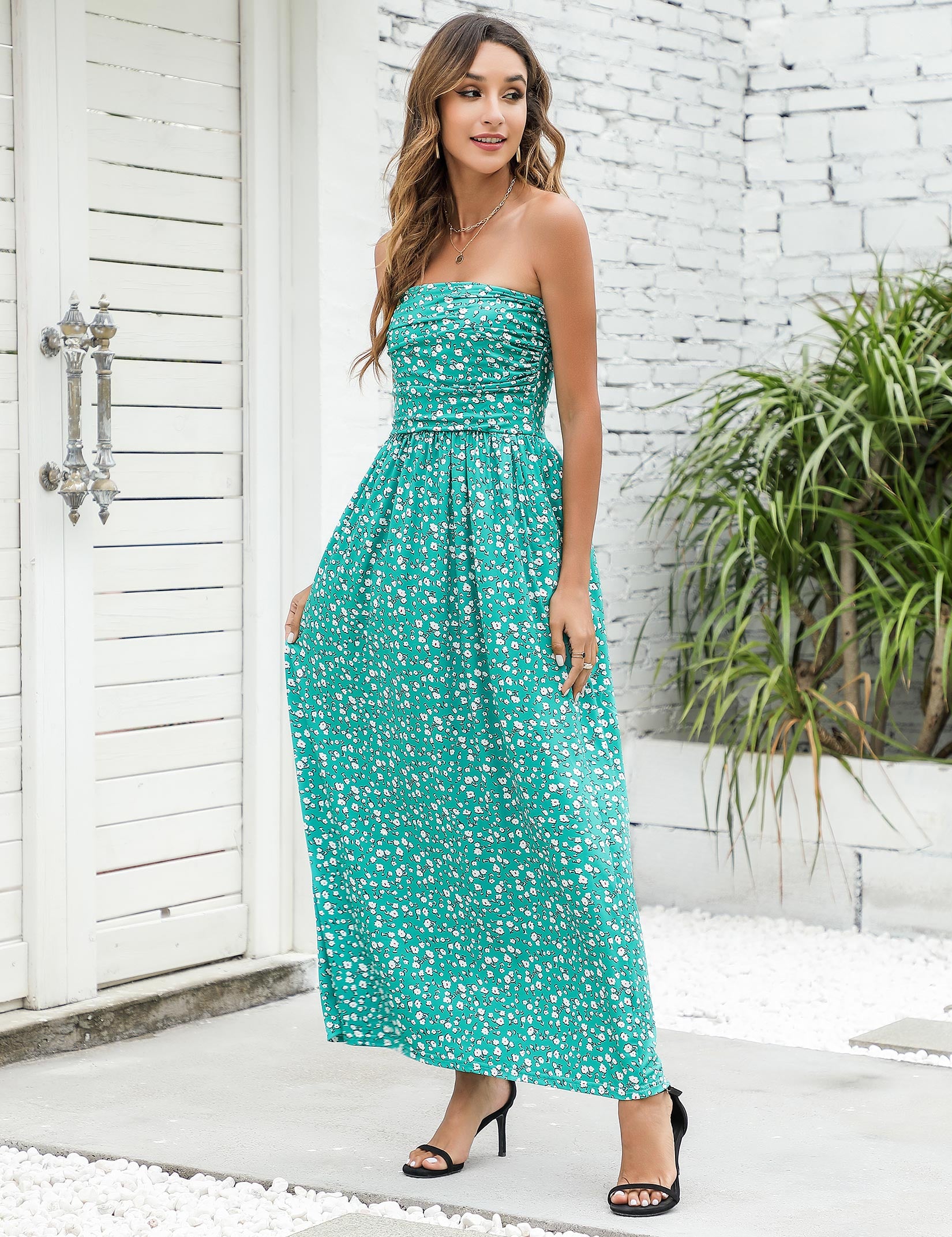 YESFASHION Women's Strapless Graceful Floral Maxi Long Dress