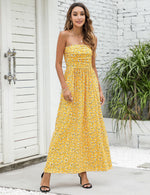 YESFASHION Women's Strapless Graceful Floral Party Maxi Long Dress Yelllow