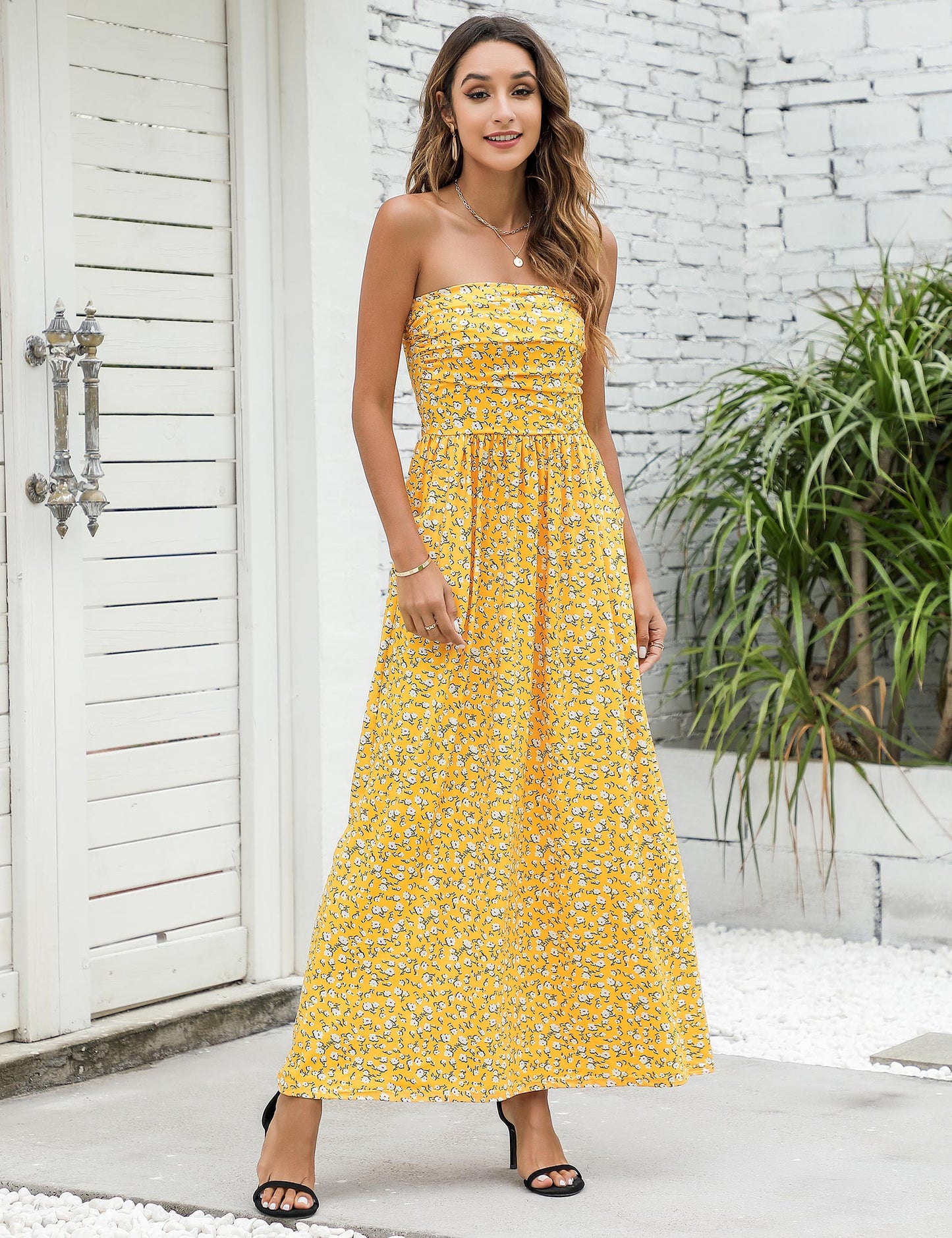 YESFASHION Women's Strapless Graceful Floral Party Maxi Long Dress Yelllow