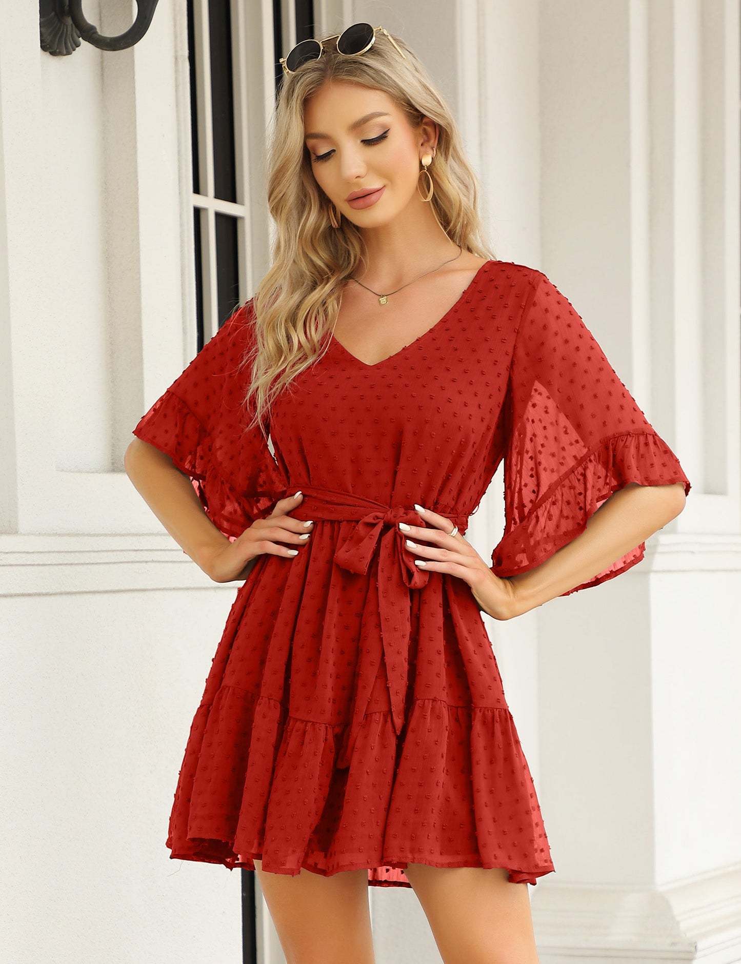 YESFASHION Women's Summer Chiffon Polka Dot Bell Sleeve Dress Red