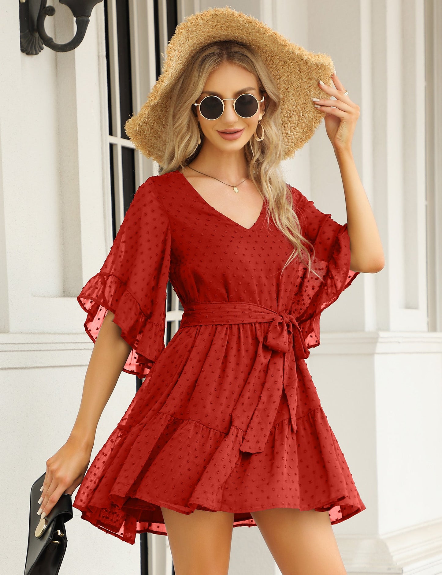 YESFASHION Women's Summer Chiffon Polka Dot Bell Sleeve Dress Red