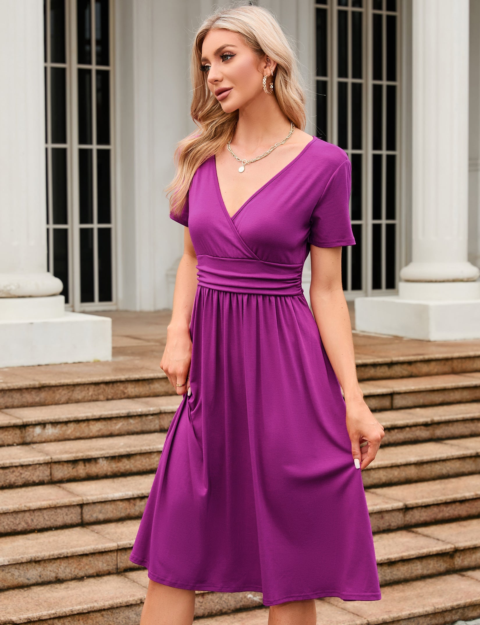 YESFASHION Women's V-neck Casual Dress Purple