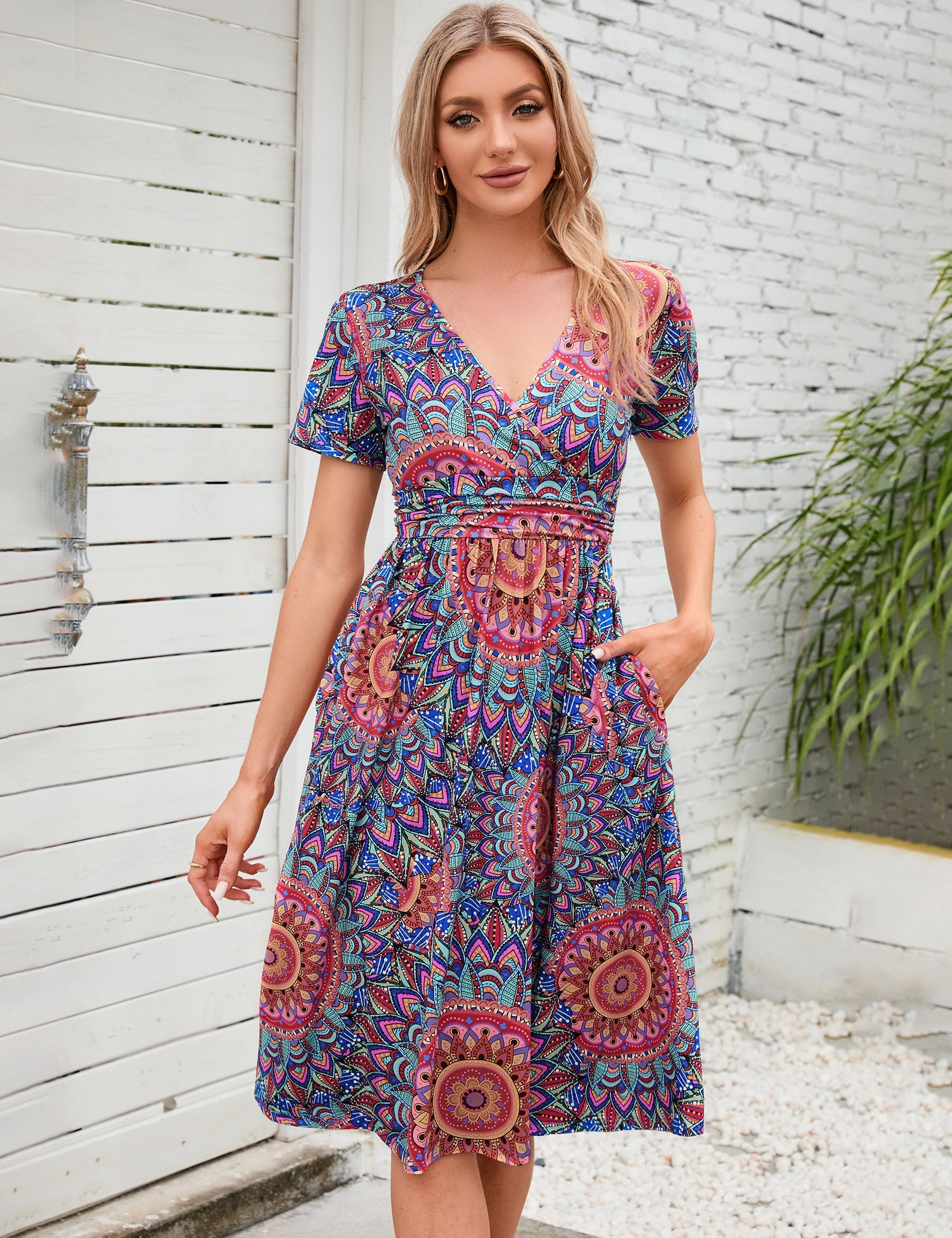 YESFASHION Women's V-neck Casual Dress Wine Red