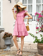 YESFASHION Women's Ruffle Sleeve Round Neck Babydoll Pleated Dress Pink