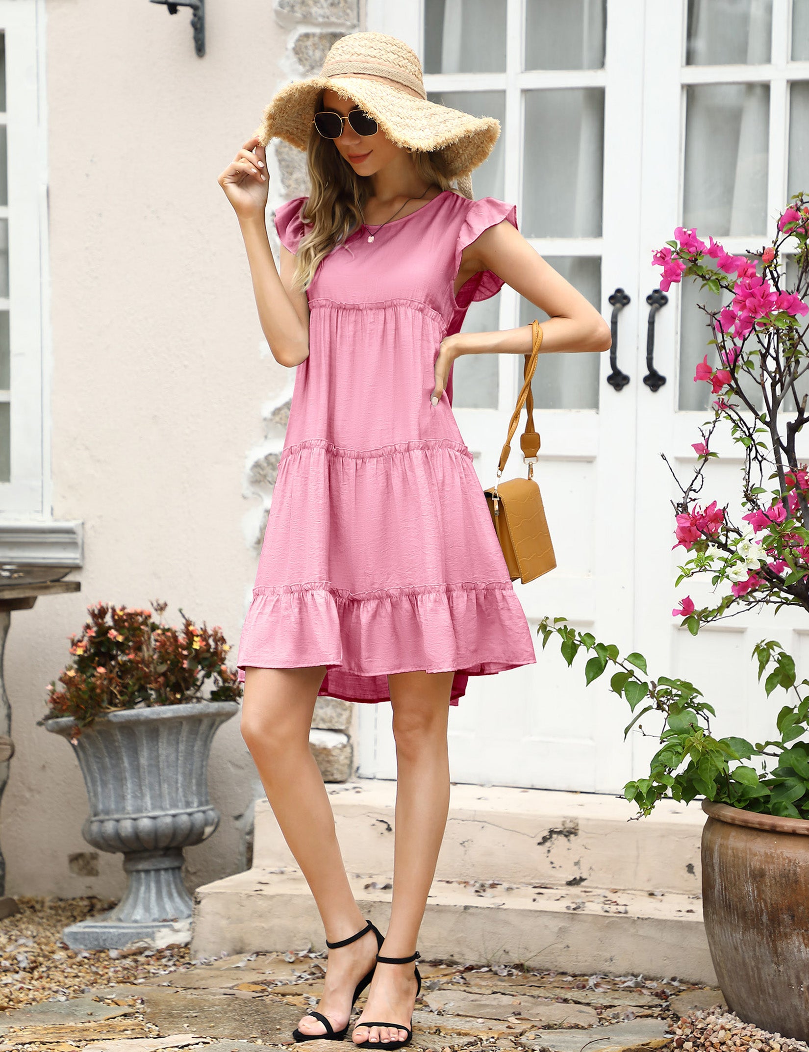 YESFASHION Women's Ruffle Sleeve Round Neck Babydoll Pleated Dress Pink