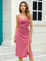 YESFASHION Women's Shiny Silk Satin Spaghetti Strap Dress Pink