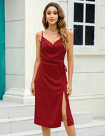 YESFASHION Women's Shiny Silk Satin Spaghetti Strap Dress Red