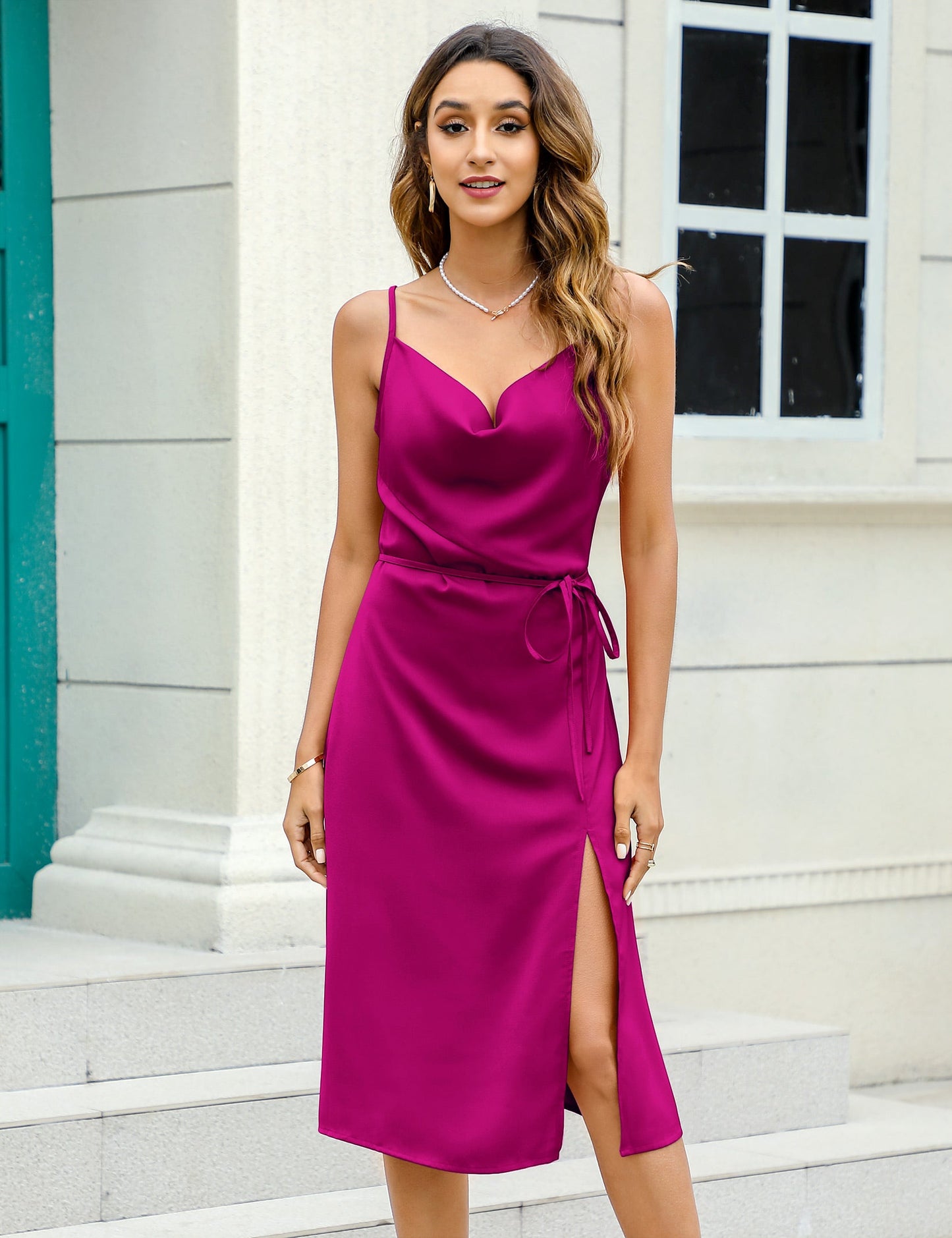 YESFASHION Women's Shiny Silk Satin Spaghetti Strap Dress Purple