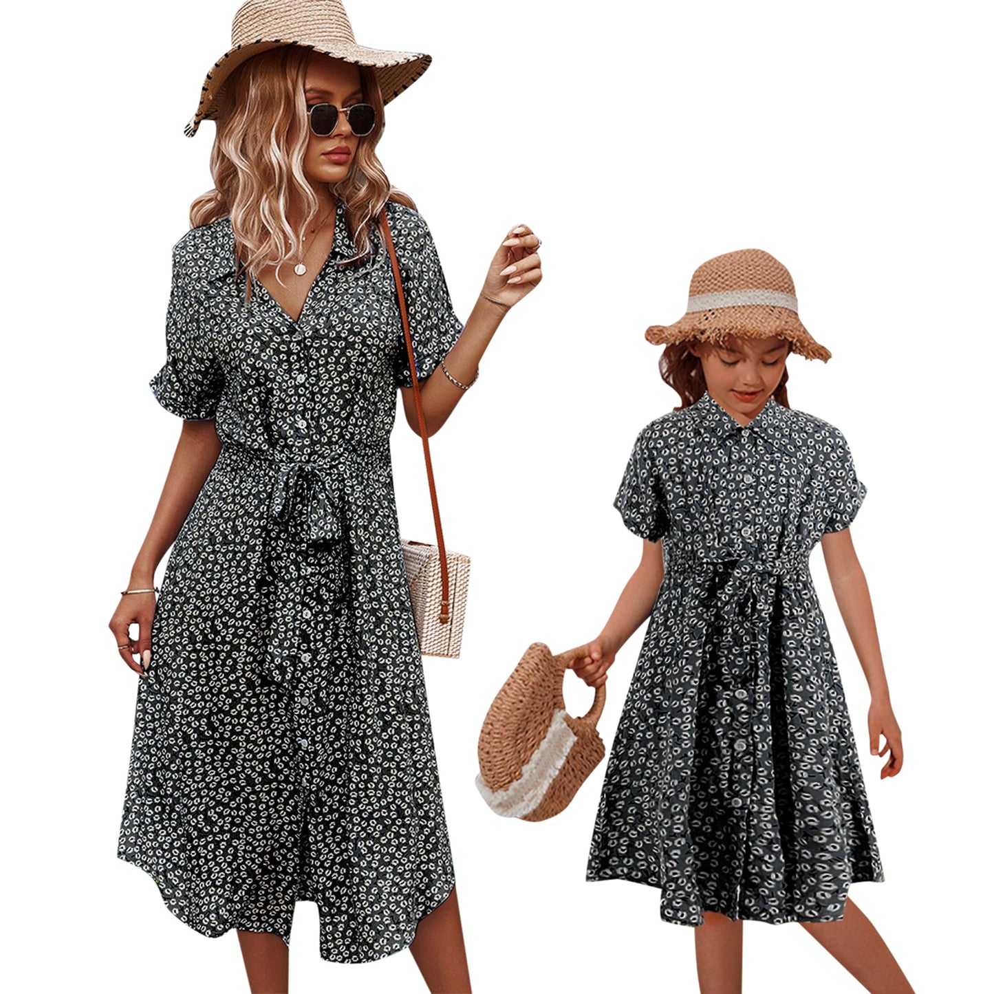 YESFASHION Button Waist Strap Slit Parent-child Summer Dress
