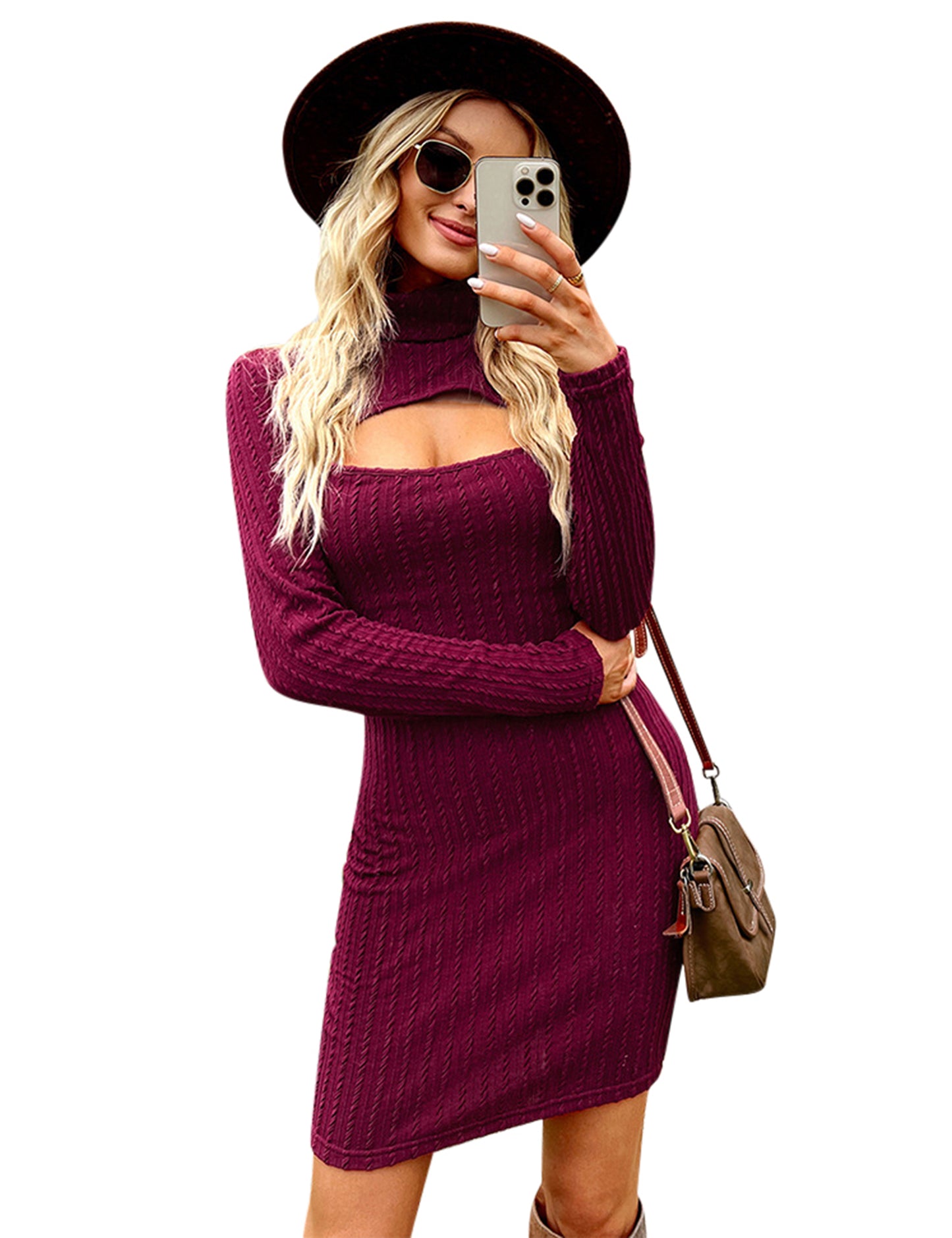 YESFASHION Long-sleeved Hollow Knitted Dress Package Hip Skirt PBY-0Y01