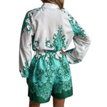 YESFASHION Lapel Long Sleeve Print Lace-up Jumpsuit Women