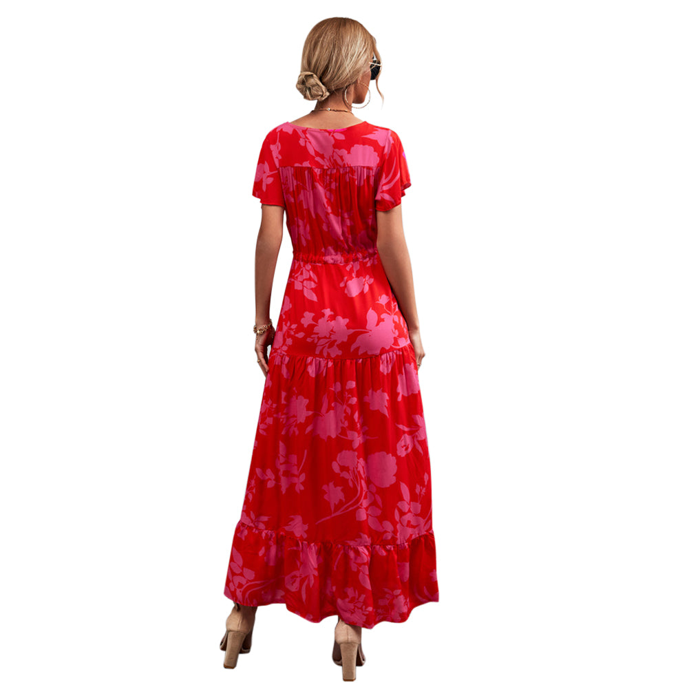 YESFASHION Women V-neck Button-up Waist Lace-up Print Dress