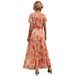 YESFASHION Women V-neck Button-up Waist Lace-up Print Dress