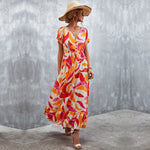 YESFASHION Women V-neck Button-up Waist Lace-up Print Dress