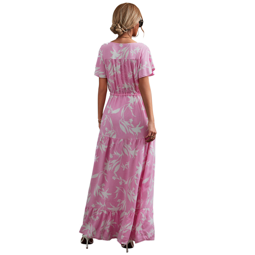 YESFASHION Women V-neck Button-up Waist Lace-up Print Dress
