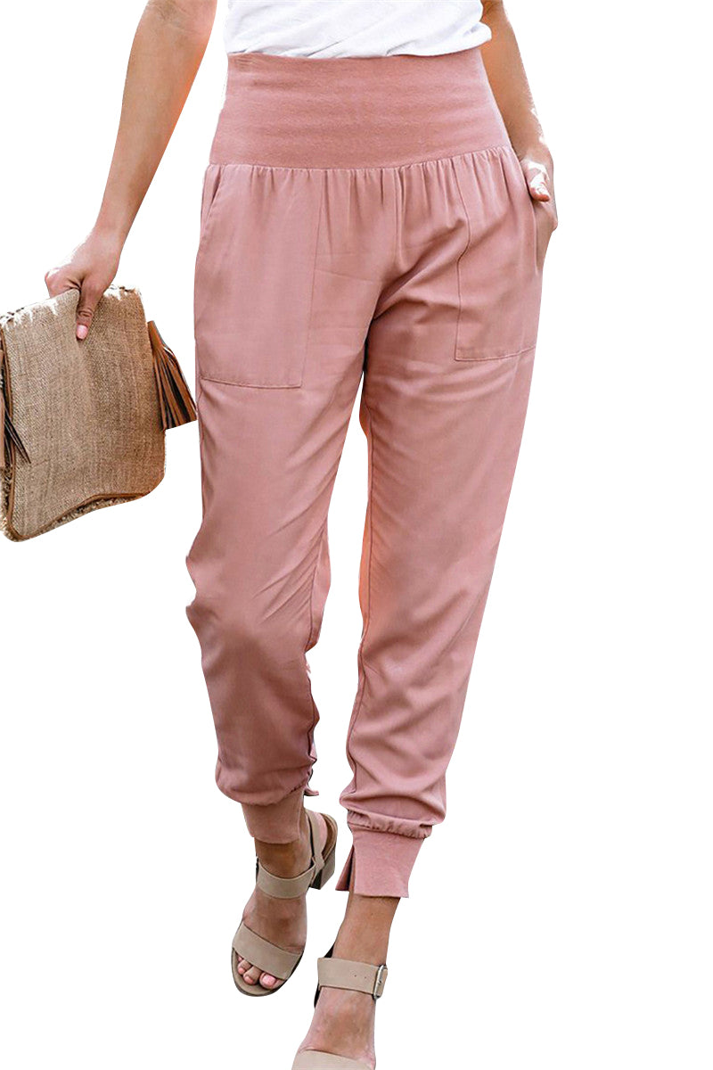 YESFASHION Solid Color Women High Waist Pants Slit Casual Pants