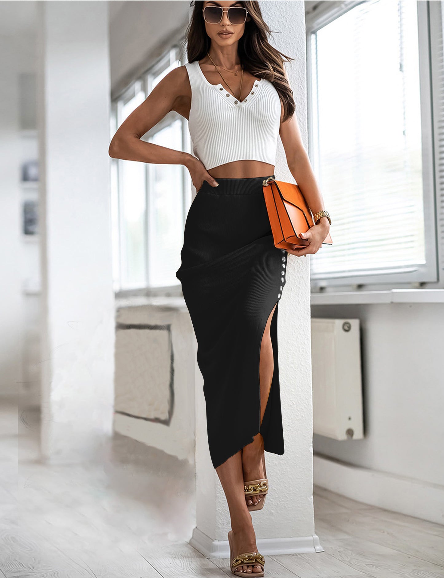 YESFASHION New Button Slit Temperament Pit Strip Ribbed Skirt