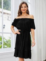 YESFASHION Women's Floral Print Puff Sleeve Ruffle Dress Black