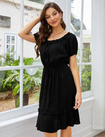 YESFASHION Women's Floral Print Puff Sleeve Ruffle Dress Black