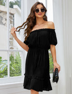 YESFASHION Women's Floral Print Puff Sleeve Ruffle Dress Blue