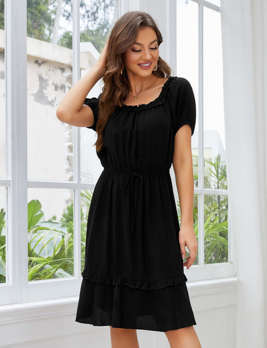 YESFASHION Women's Floral Print Puff Sleeve Ruffle Dress Black