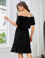 YESFASHION Women's Floral Print Puff Sleeve Ruffle Dress Black