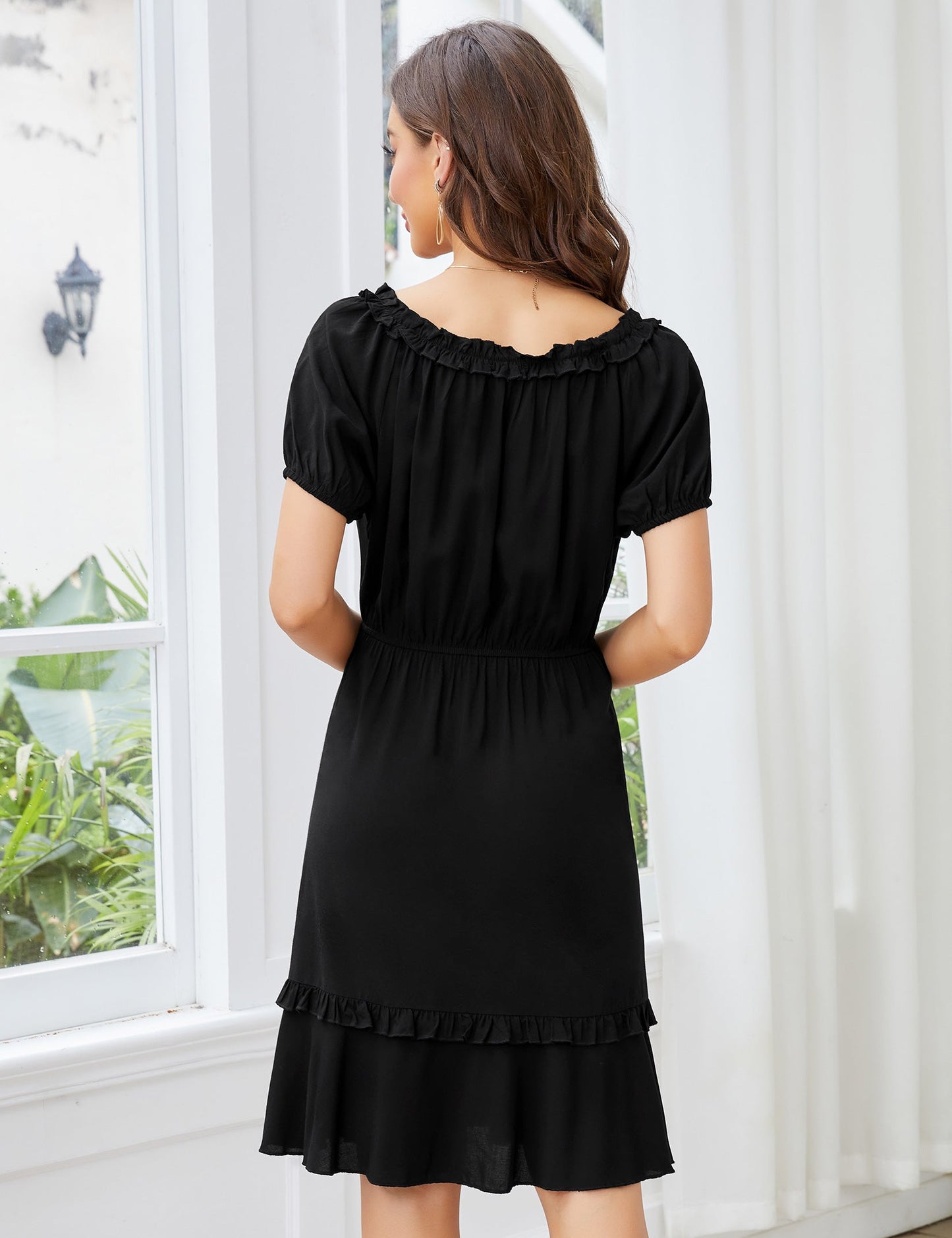 YESFASHION Women's Floral Print Puff Sleeve Ruffle Dress Black