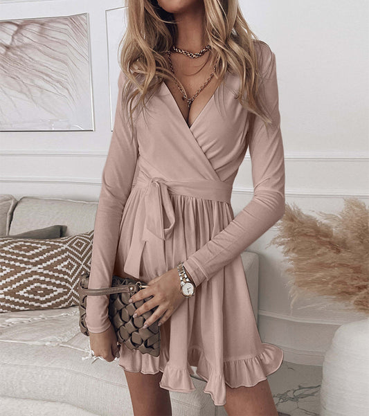 YESFASHION Women Solid Color Lace Up Waist V-neck Dress