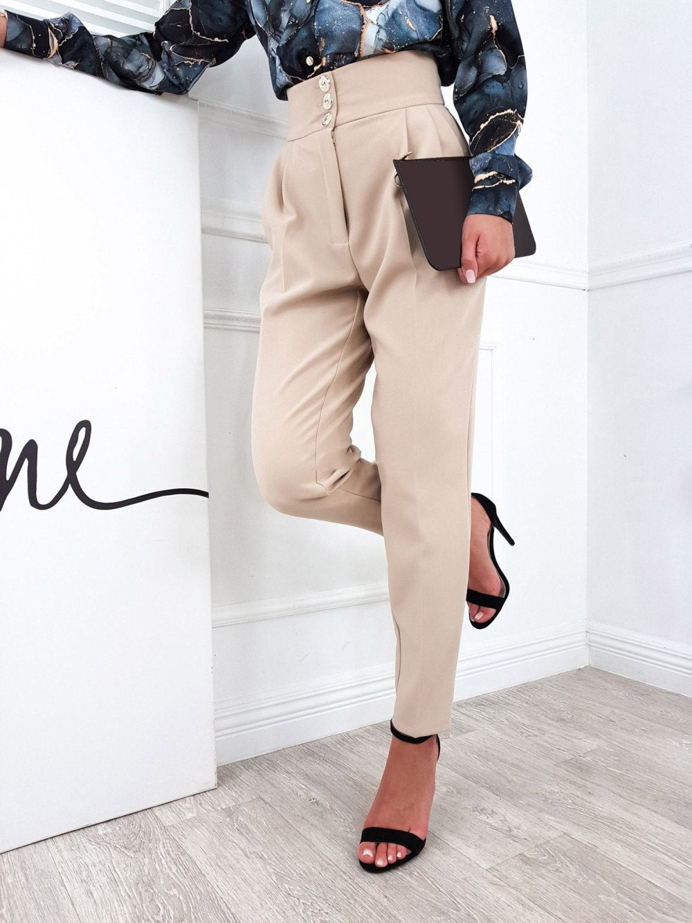 YESFASHION Solid Color Slim Fitting Pants Button Pants