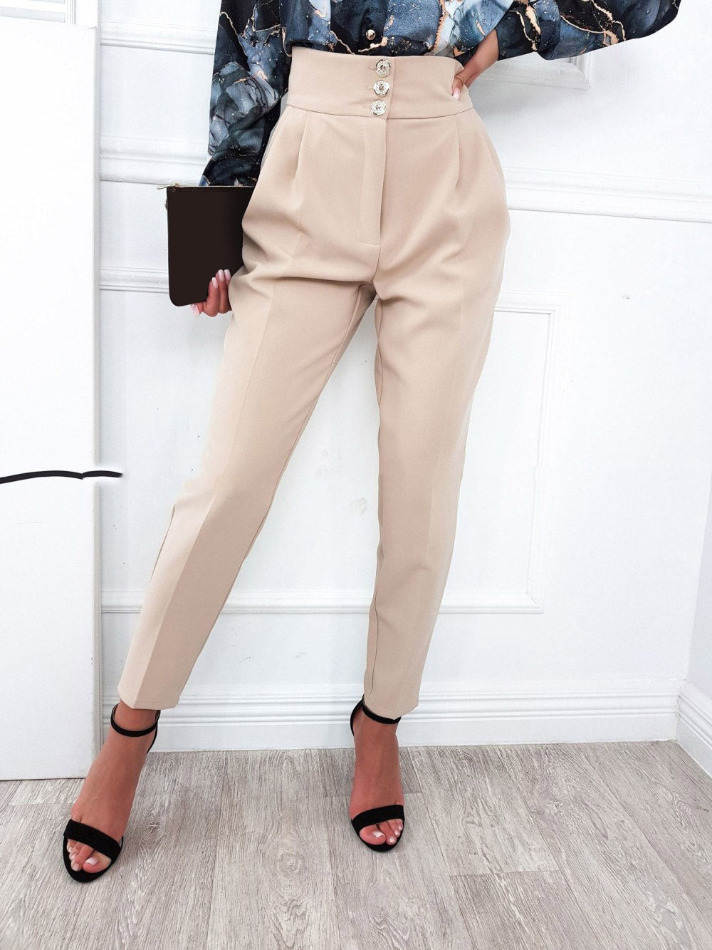 YESFASHION Solid Color Slim Fitting Pants Button Pants