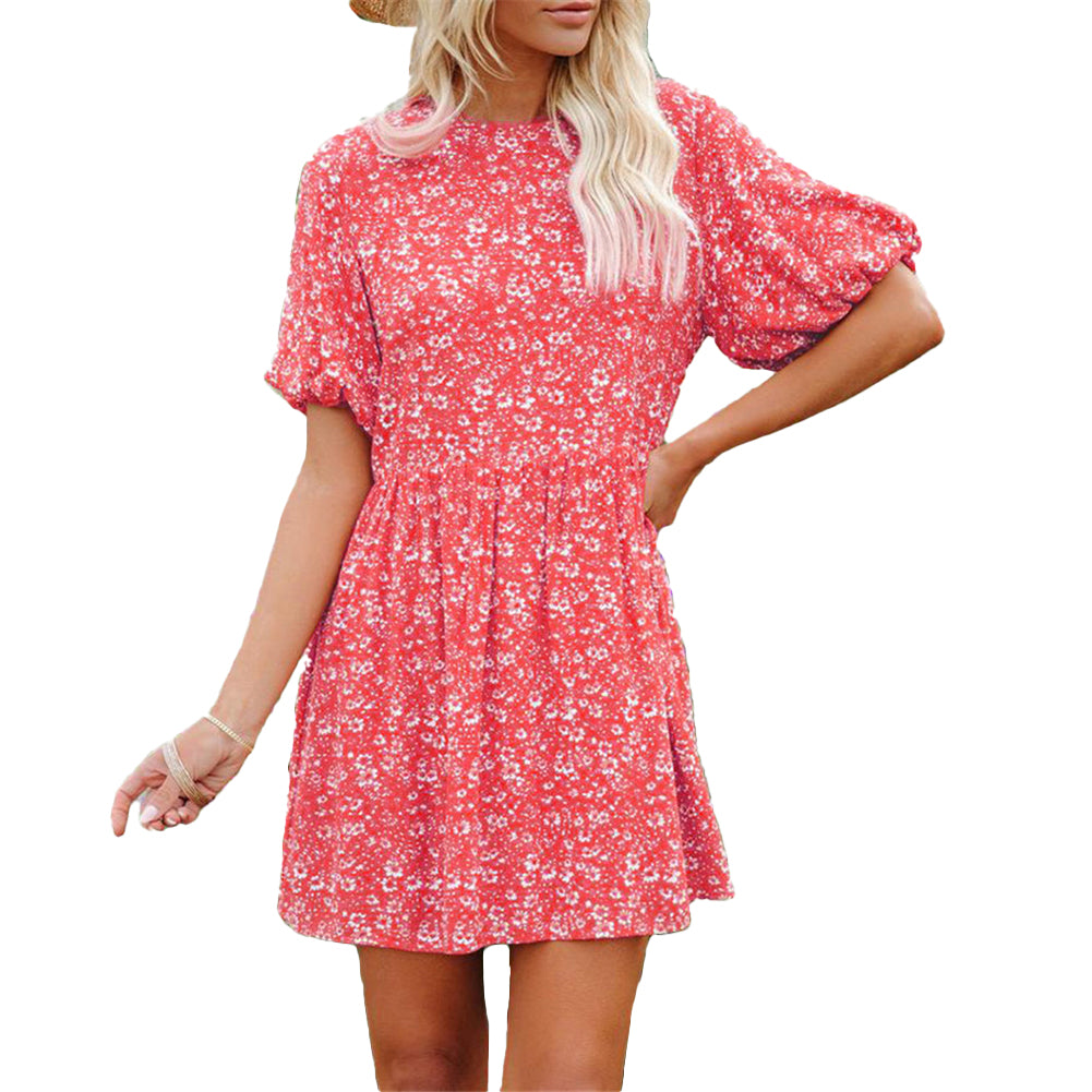 YESFASHION Floral Lantern Sleeves Casual Women Dress