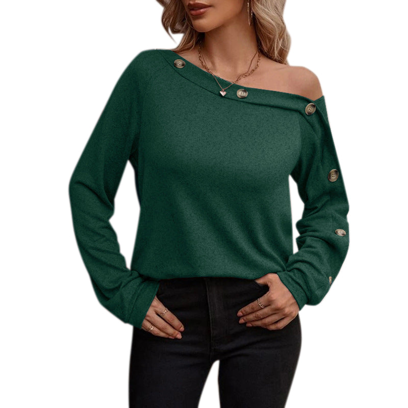 YESFASHION Women Button Off-the-shoulder Long-sleeved Tops