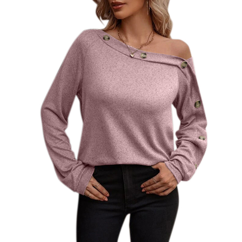 YESFASHION Women Button Off-the-shoulder Long-sleeved Tops
