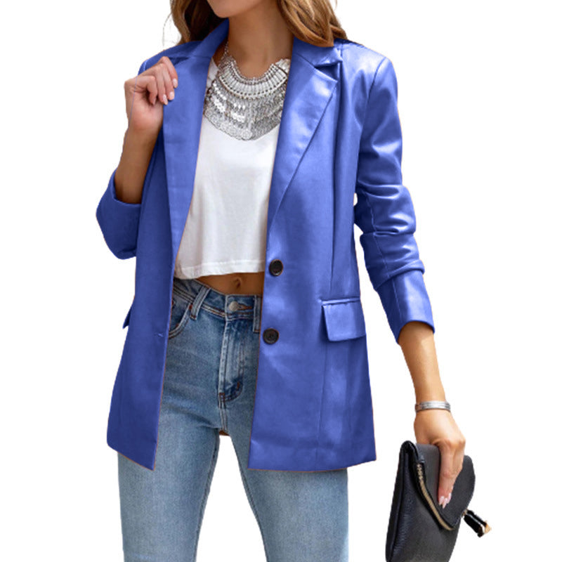 YESFASHION Women Pocket Casual Leather Suit