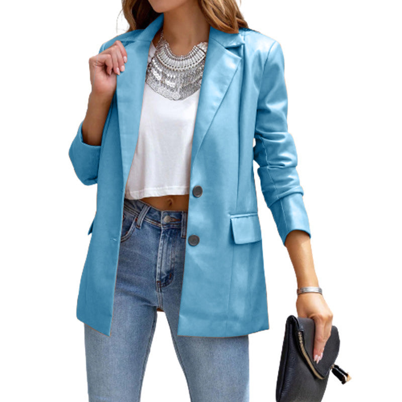 YESFASHION Women Pocket Casual Leather Suit