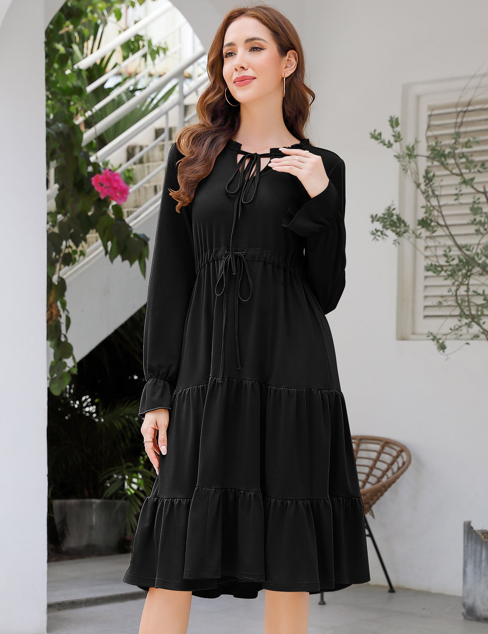 YESFASHION Casual V Neck Polka Dot Puff Sleeve Ruffles Dress Black