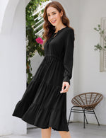 YESFASHION Casual V Neck Polka Dot Puff Sleeve Ruffles Dress Black