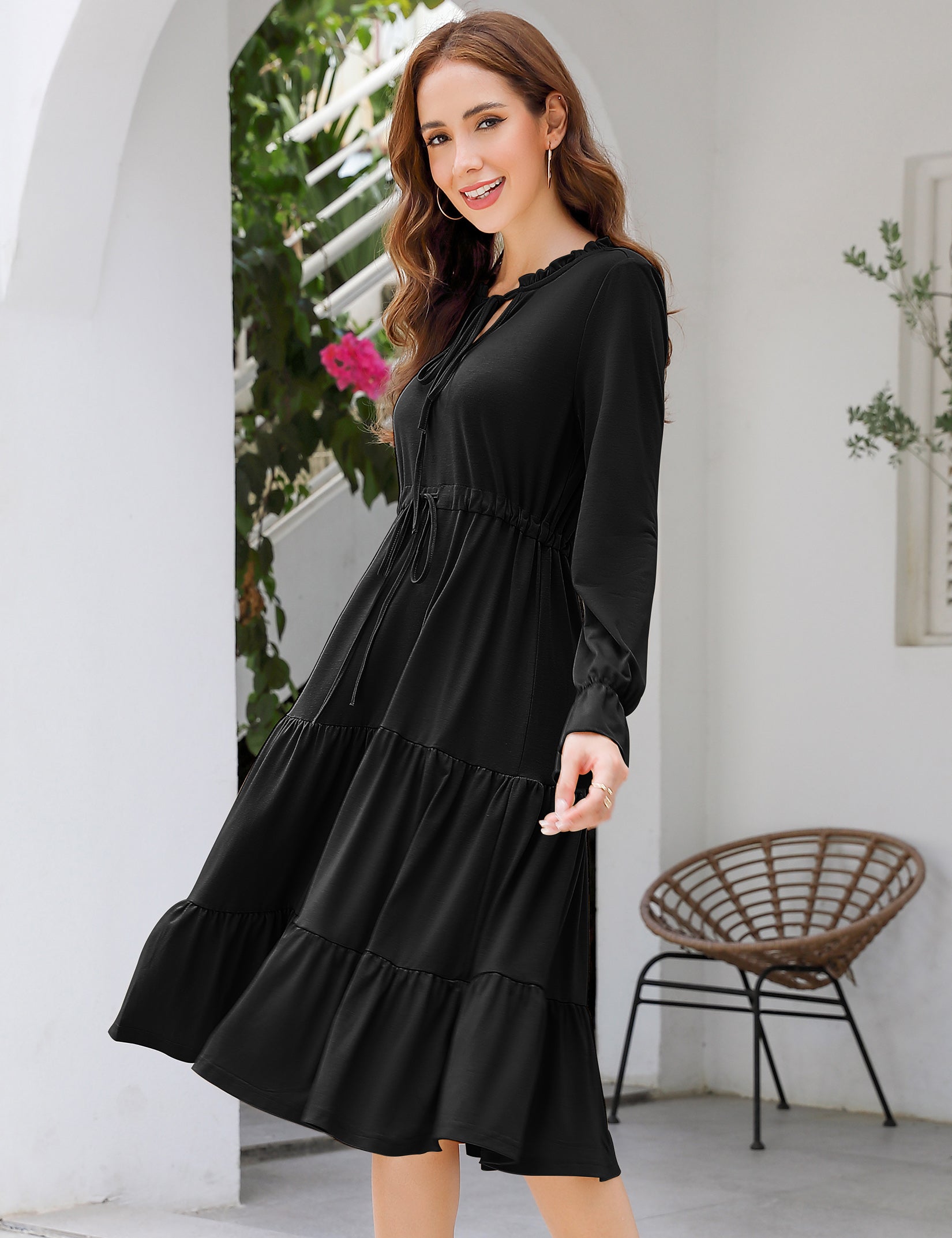 YESFASHION Casual V Neck Polka Dot Puff Sleeve Ruffles Dress Black