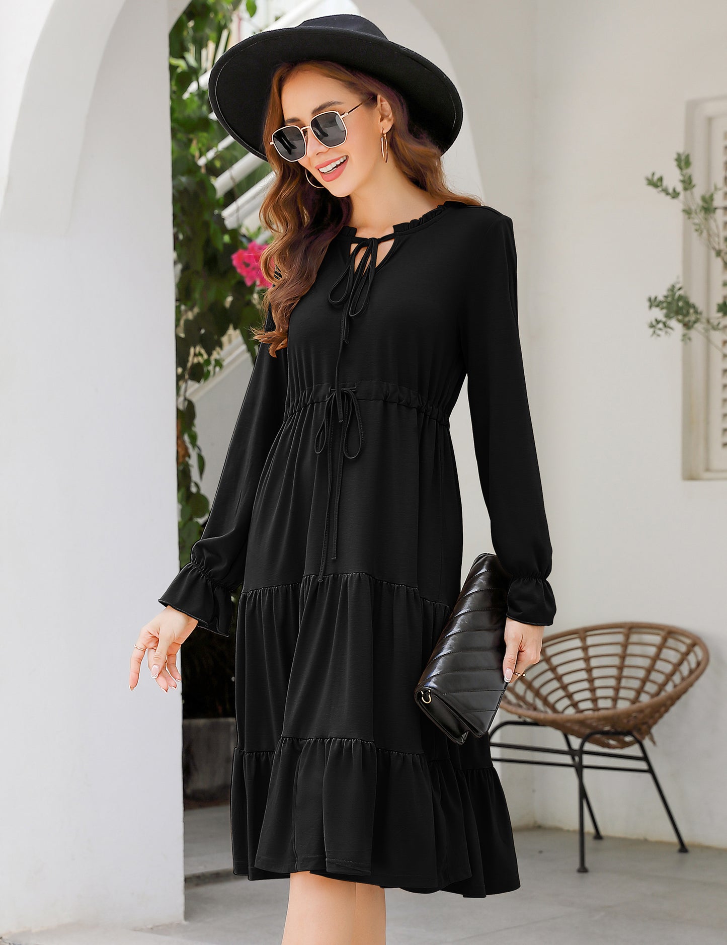 YESFASHION Casual V Neck Polka Dot Puff Sleeve Ruffles Dress Black