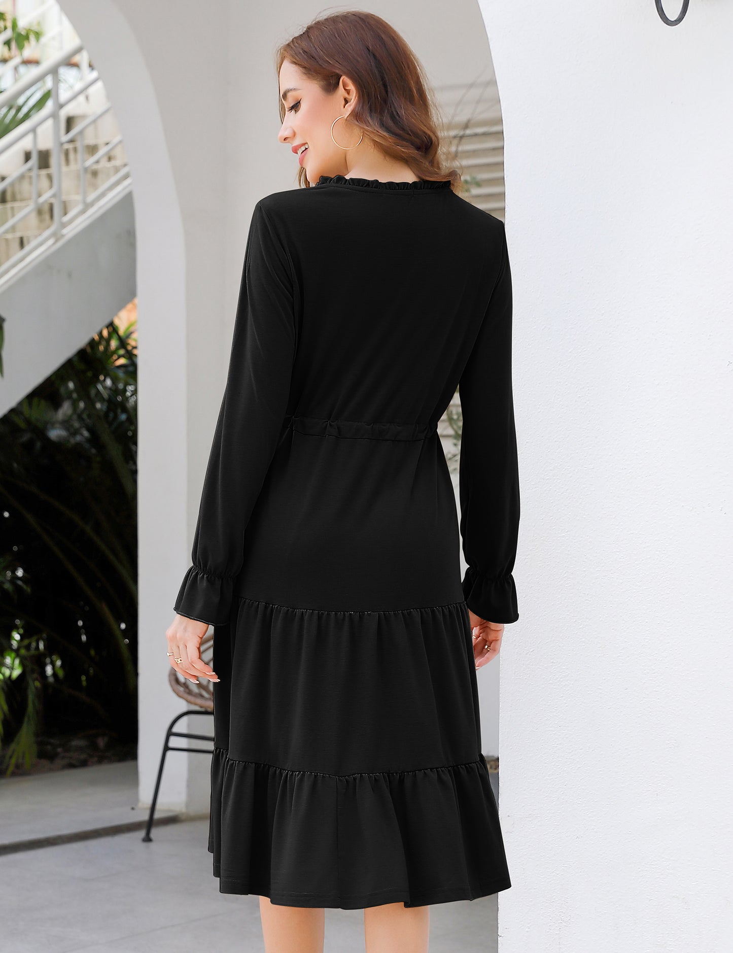YESFASHION Casual V Neck Polka Dot Puff Sleeve Ruffles Dress Black