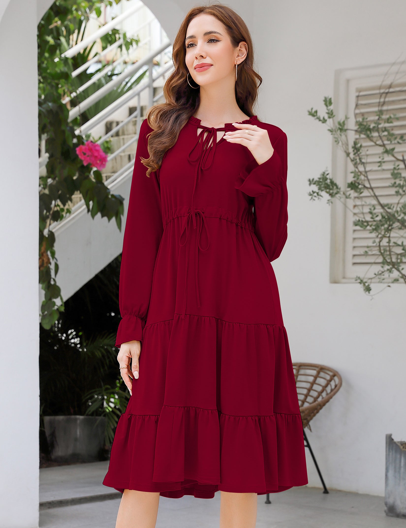 YESFASHION Casual V Neck Polka Dot Puff Sleeve Ruffles Dress Black